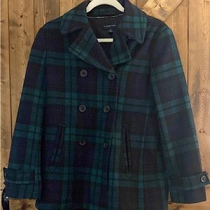 Women's Lands' End Dark Blue/Green Double Breasted Plaid Wool Pea Coat Size 4P